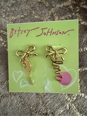 Betsey Johnson Gold Tennis Racket & Pink Love Charm Bow Drop Earrings